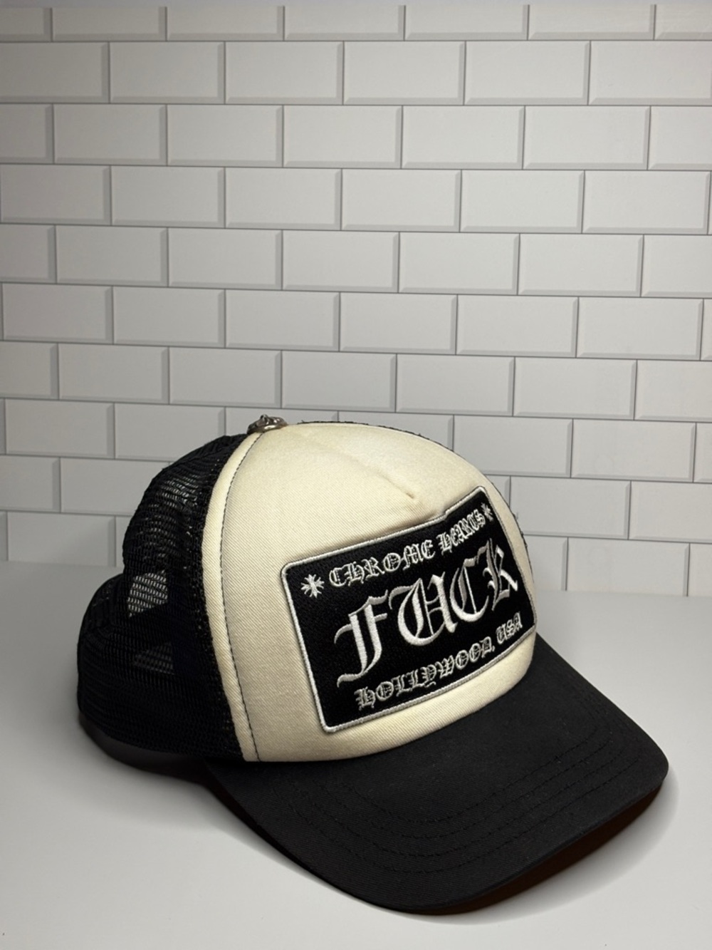Chrome Hearts Cream and Black Logo Trucker Hat